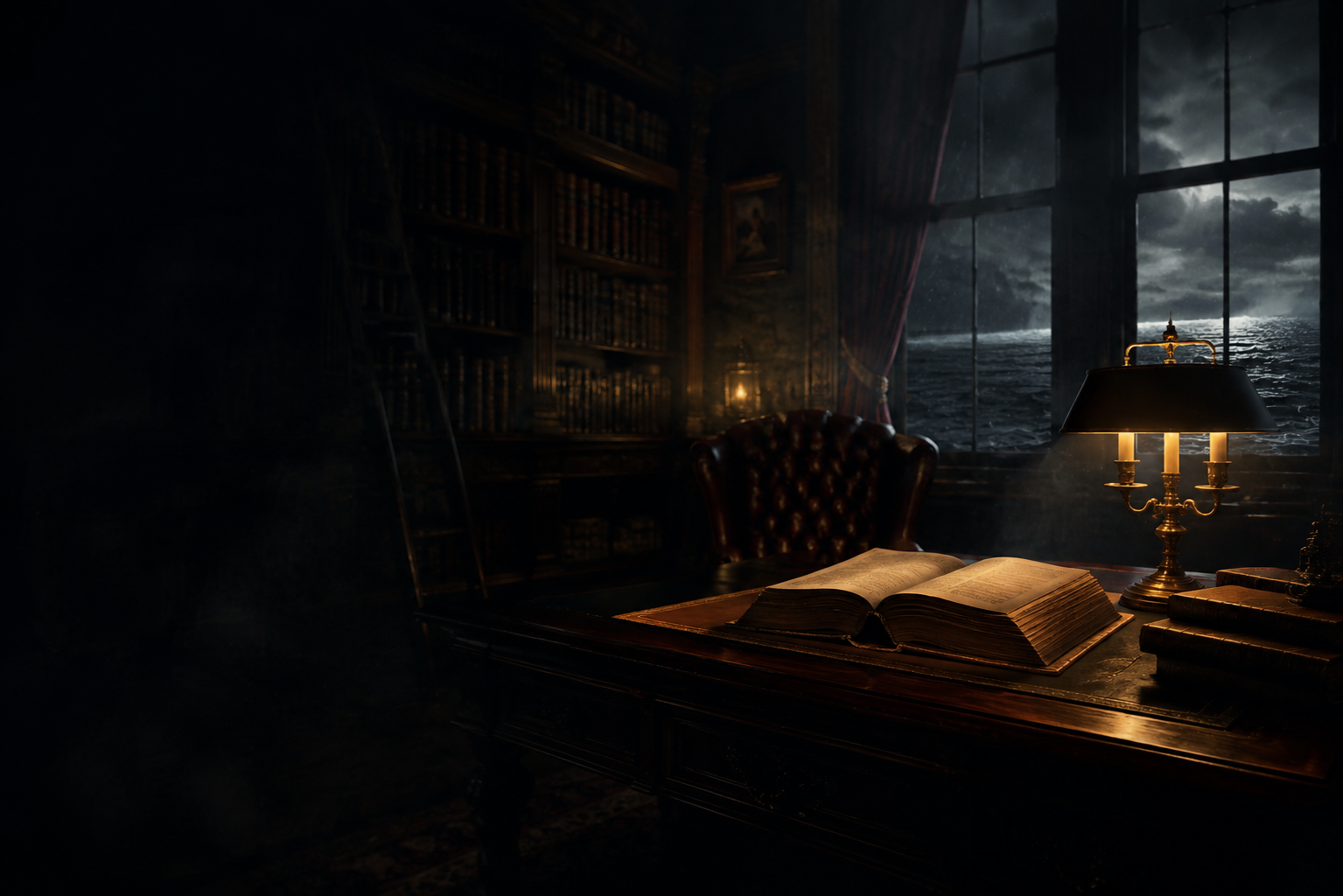 An open antique book in a dark library overlooking a stormy sea